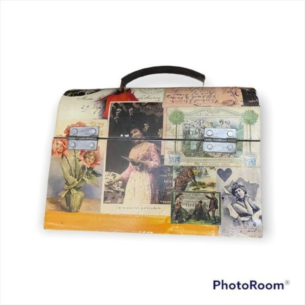 Decorative Postage Vintage-Style Collage Domed‎ Storage Box Handle & Latch